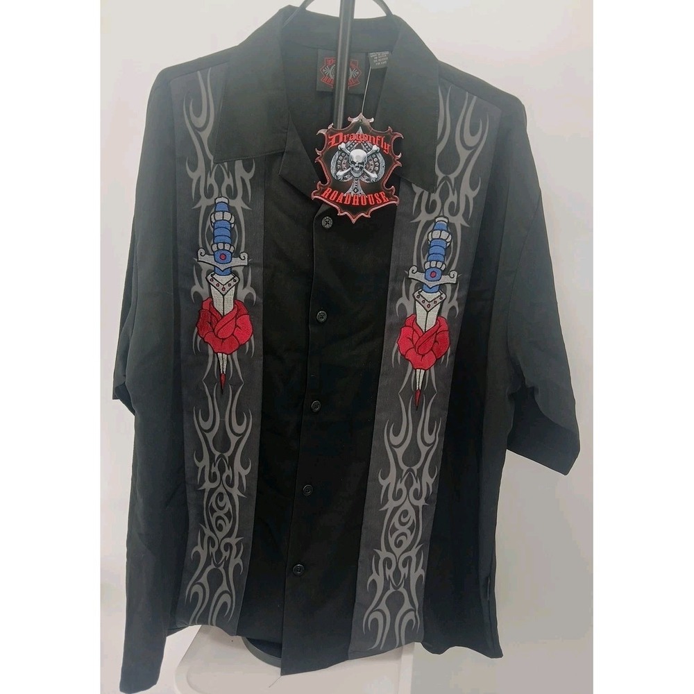Men's Dragonfly Clothing Com Short Sleeve Button-up Dagger Through Rose  New Xl